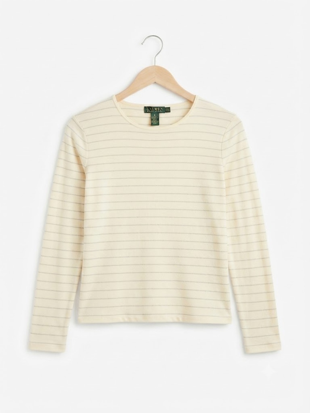 Lauren Ralph Lauren Petite PM Cream Striped Long Sleeve Crewneck Knit Top